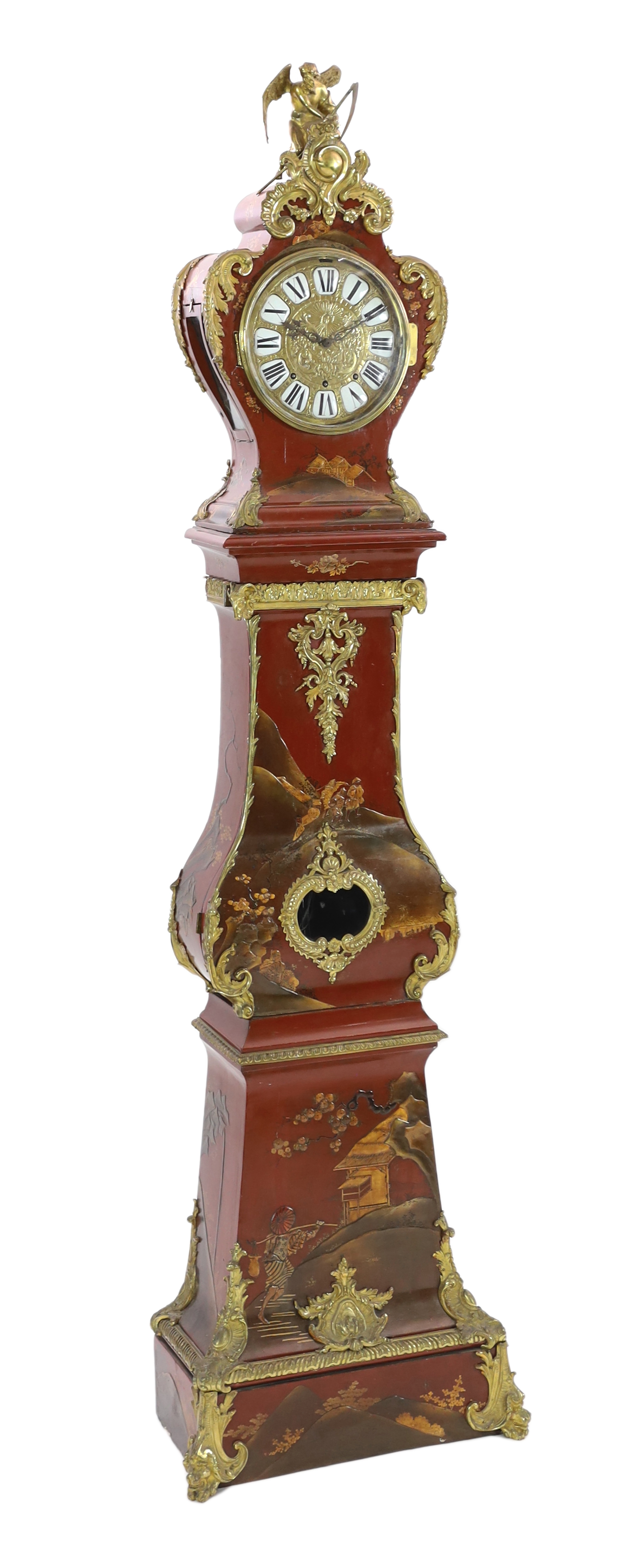 A Louis XV style ormolu mounted red chinoiserie lacquer longcase clock, 46cm wide, 33cm deep, 238cm high, Please note this lot attracts an additional import tax of 5% on the hammer price